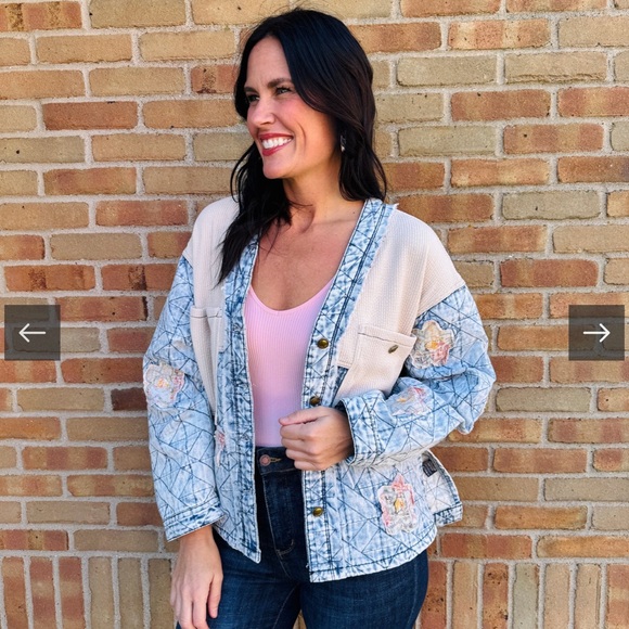 POL Jackets & Blazers - 4. NWOT POL Stylish Blue and Cream Floral Quilted Patchwork Denim Jacket